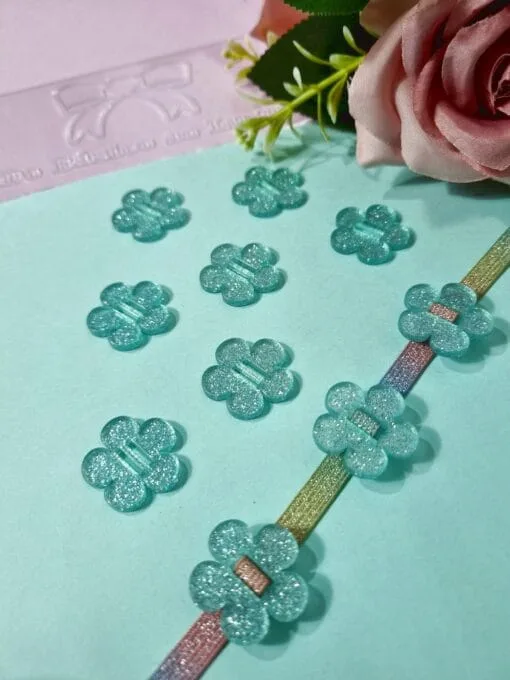 Passante Acrílico Flor Verde Água Glitter- 5un