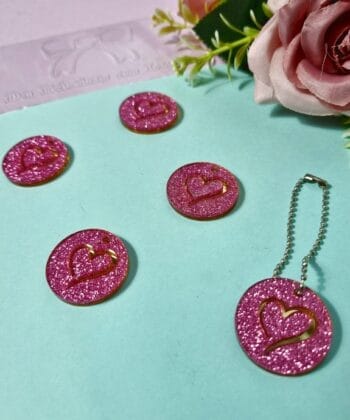 Pingente Acrílico Camadas Cículo Coração Rosa Glitter- 5un
