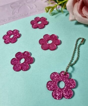 Pingente Acrílico Flor Rosa Glitter- 5un
