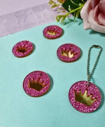 Pingente Acrílico Camadas Coroa Rosa Glitter- 5un